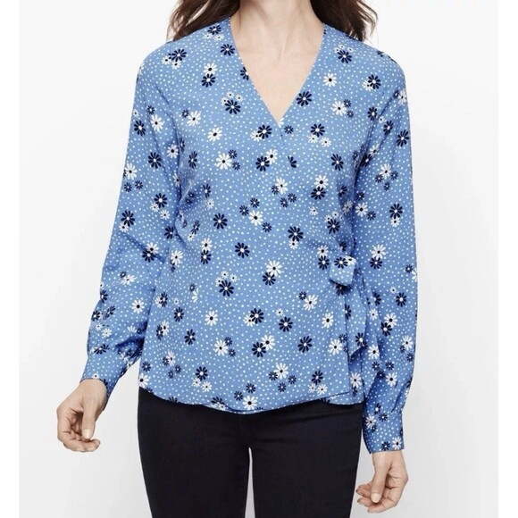 Talbots Poet Sleeve Blue Daisy Floral Faux Wrap Top Blouse Women's Size XL - Picture 1 of 8